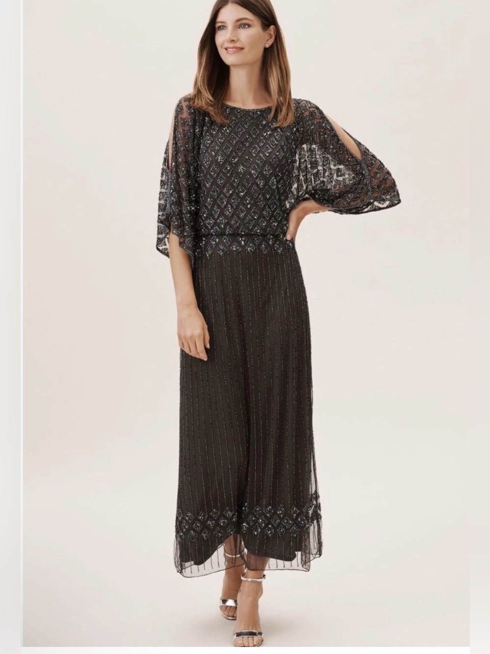 Pissaro Nights Beaded Cold-Shoulder Blouson Cocktail Dress/Gown
Gray Size 4 new